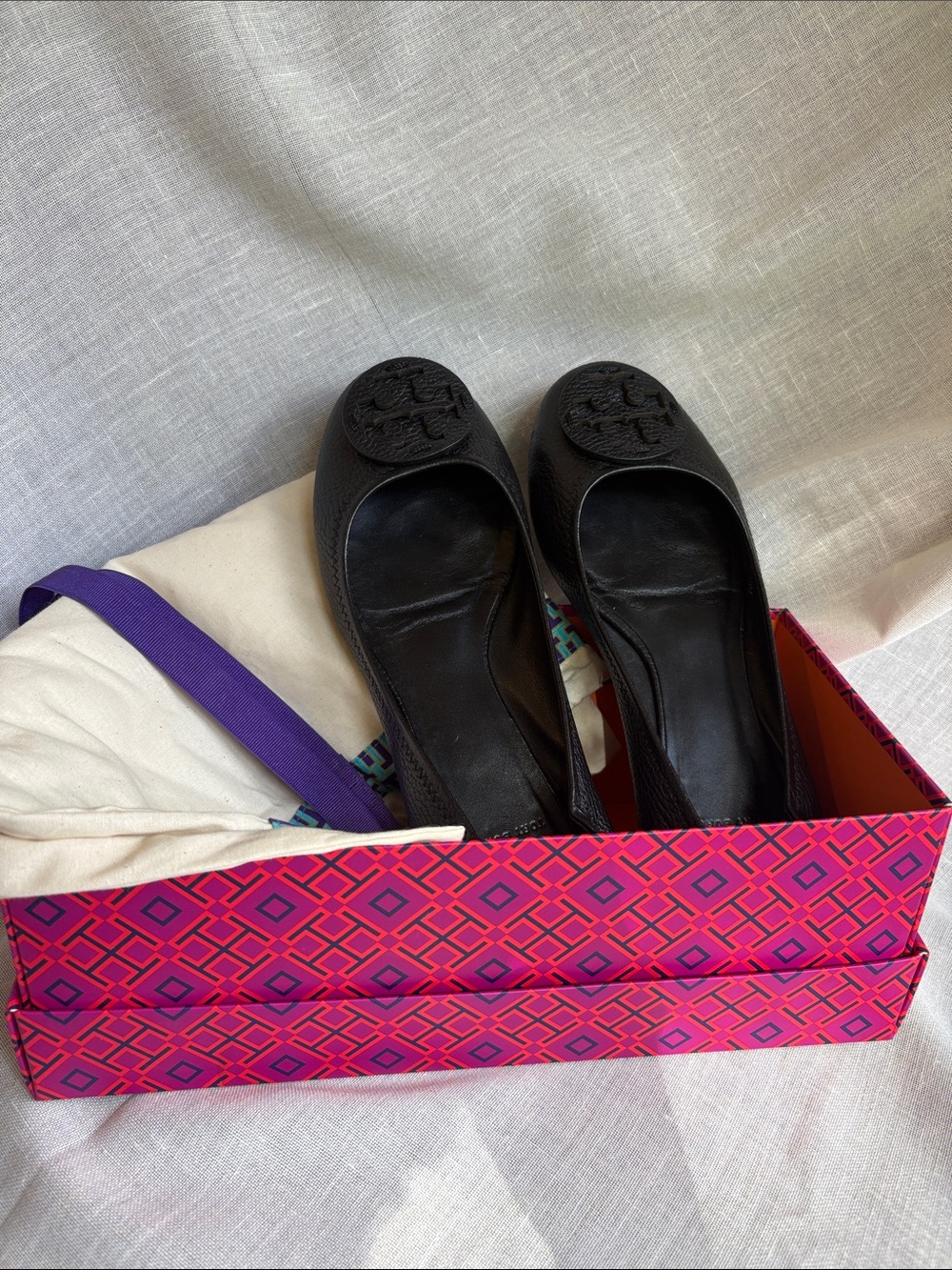Tory Burch Black Leather Logo Ballet Flats Size 10